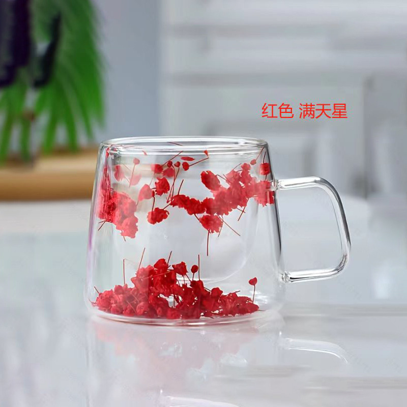 Net red real flower double-layer glass high color value hand-in-hand gift high borosilicate double-layer milk cup double-layer dried flower coffee cup Net red real flower double-layer glass high color value hand-in-hand gift high borosilicate double-layer milk cup double-layer dried flower coffee cup
