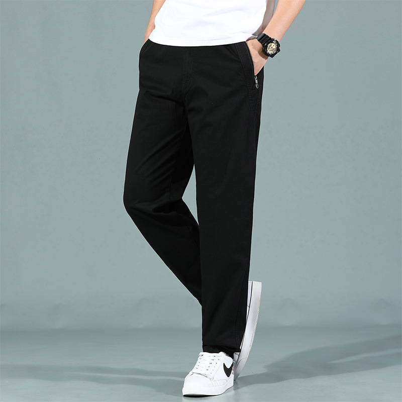 Cotton Spring and Autumn Work Pants for Men, High-Quality Washed Cotton Men's Pants with Zipper Pockets, Solid Color Straight-Leg Men's Casual Pants