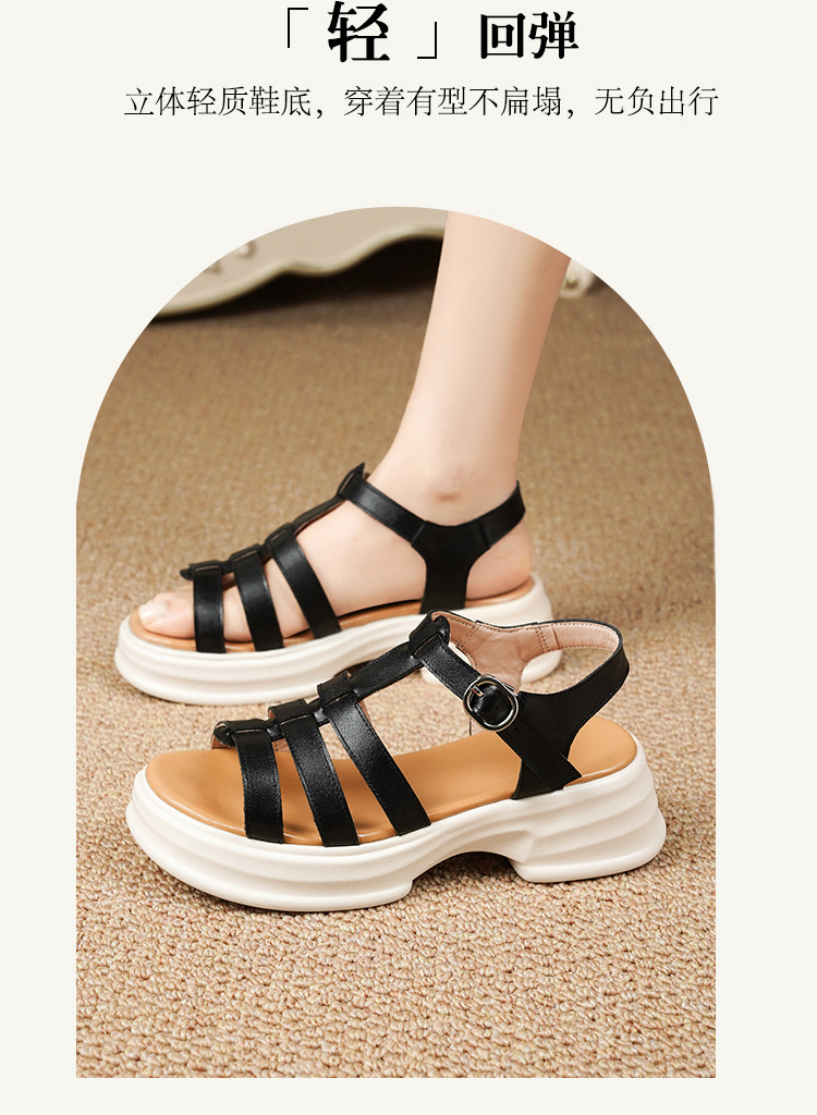 Sandal La Mã nữ da thật đế dày gót vuông quai ngang — Màu đen chi tiết 20