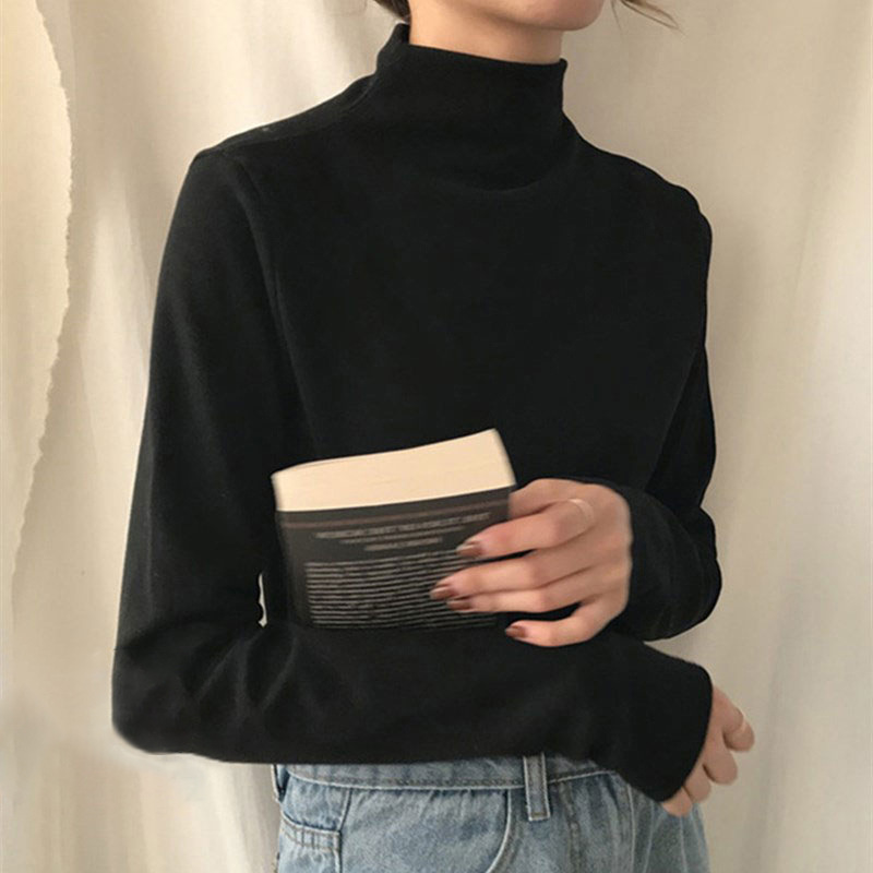 High Collar Base Shirt Women's Long Sleeve Spring and Autumn Stylistics Piled Collar Fleece Black Inner T-Shirt Slim-fit Top Trendy Instagram