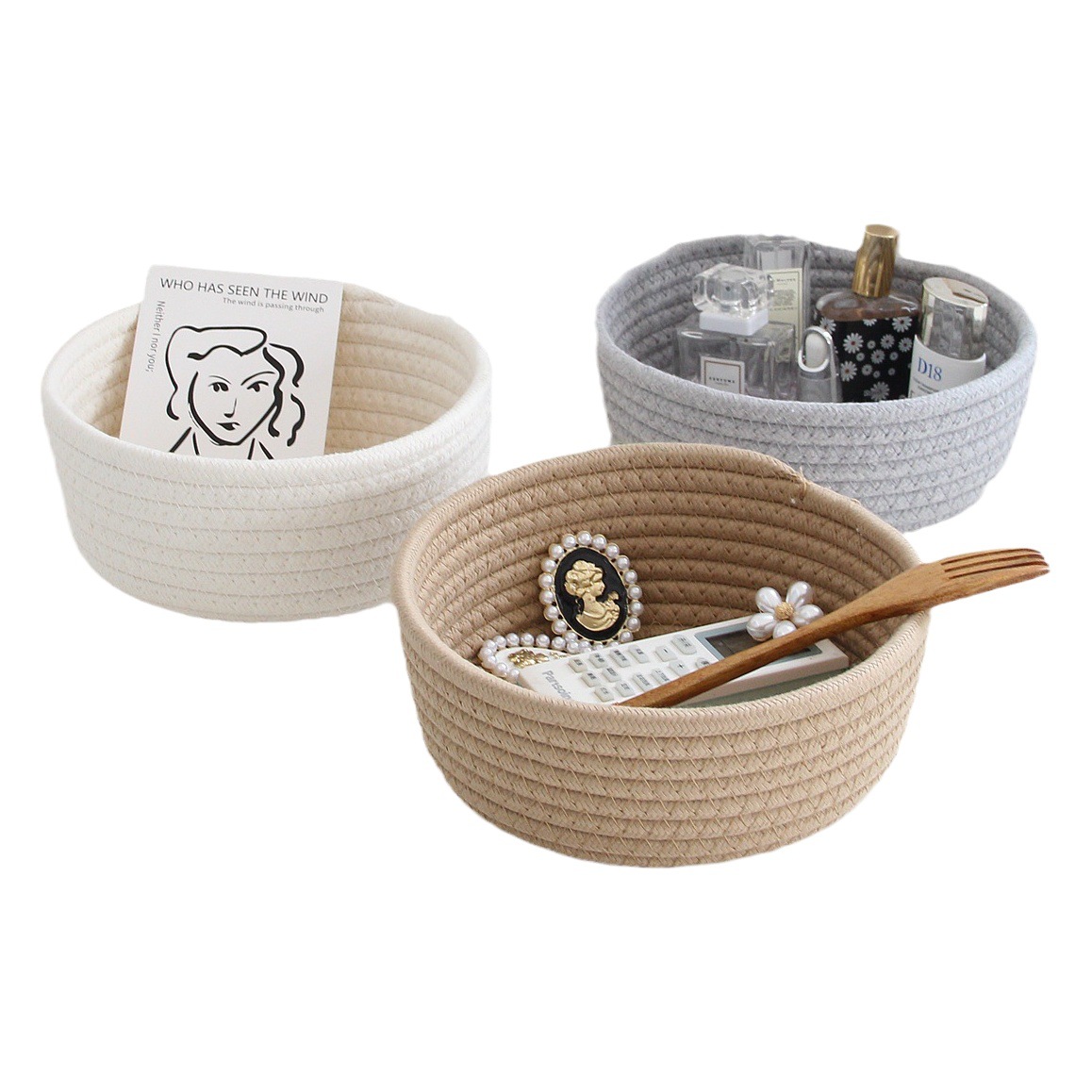 Caja de almacenamiento de escritorio cesta de almacenamiento cesta cosmética merienda pasillo tejido a mano de algodón hilo de almacenamiento cesta