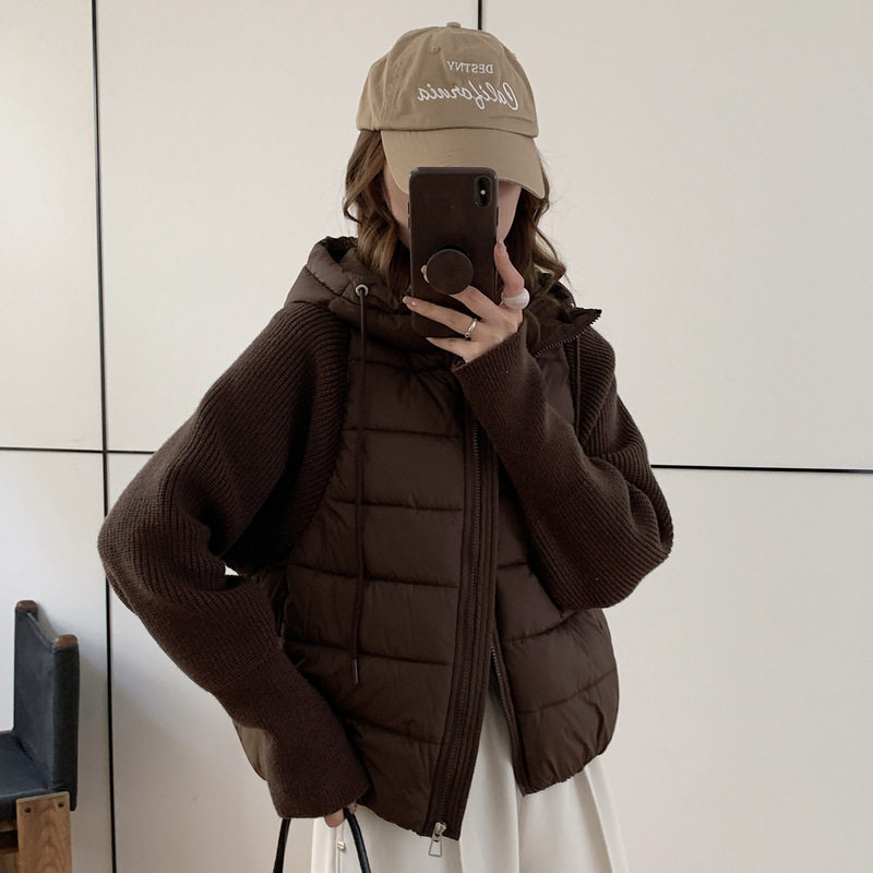 Knitted Wool Sleeve Ribbed New Short Cotton Coat Women's Autumn and Winter Oversize Hooded Thick Padded Jacket Puffer Coat Knitted Wool Sleeve Ribbed New Short Cotton Coat Women's Autumn and Winter Oversize Hooded Thick Padded Jacket Puffer Coat
