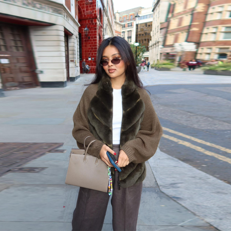 2025 New Autumn and Winter Women's Clothing Cross-Border Export Loose Stand-Up Collar Long-Sleeved Stitching Contrasting Color Thickened Fur Jacket for Women