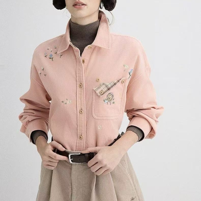 2025 Winter New French College Style Corduroy Embroidered Top Small Floral Shirt Ttya254Vc2K