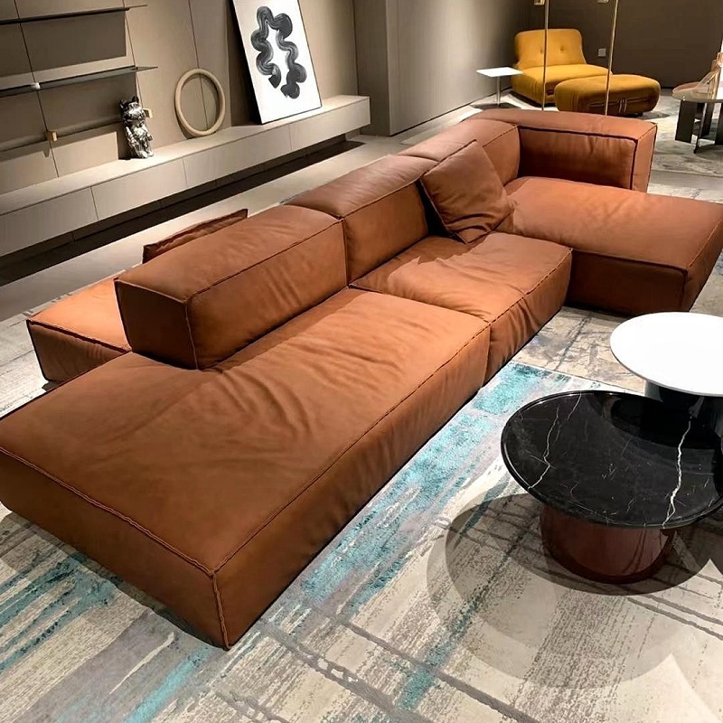 Double-Sided Module Cowhide Island Sofa Villa Large Flat Living Room Frosted Leather Tofu Block Cotton and Linen Sofa Combination