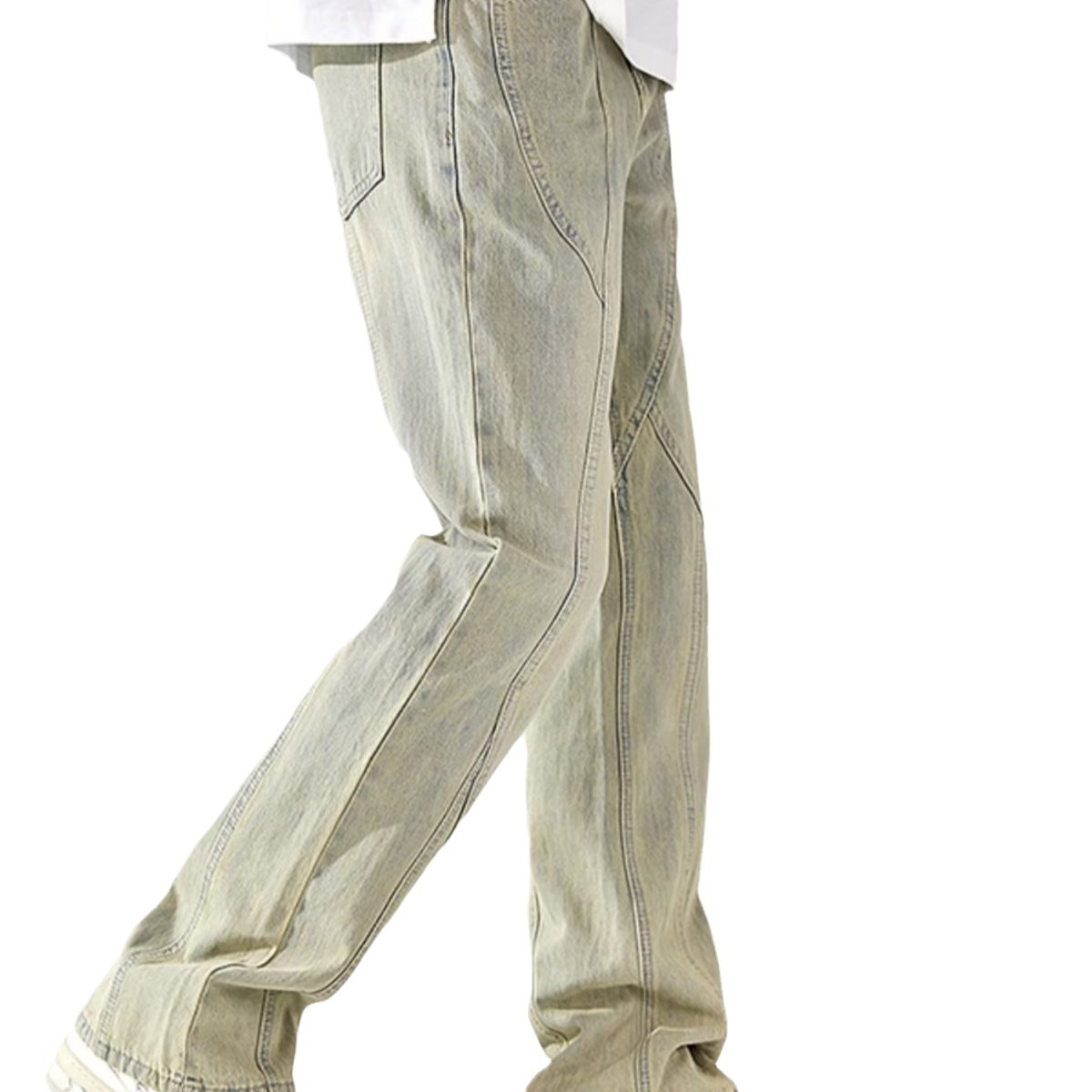 Vaqueros teñidos de barro amarillo lavados y desgastados de la calle principal americana