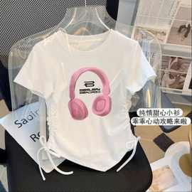 冰丝螺纹韩版童装女童夏季卡通时尚可爱T恤儿童潮流抽绳短袖上衣