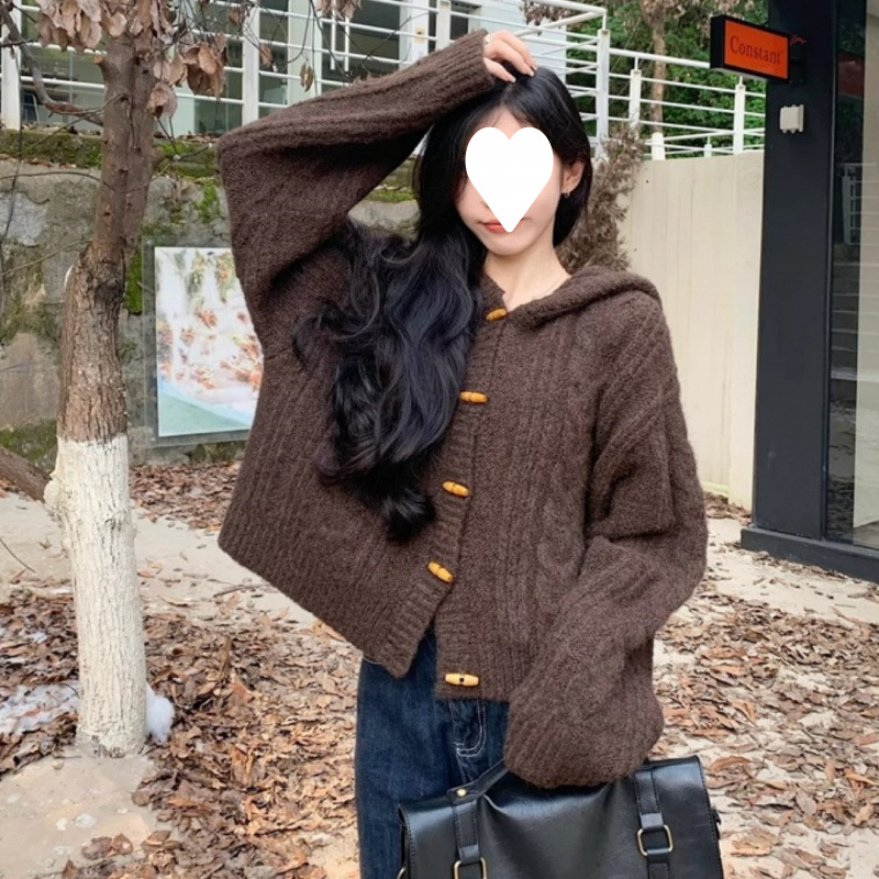 Corea del Sur a principios de otoño y invierno nuevo estilo Meilade corn hebilla con capuz cardigan suéter de mujer chaqueta de punto de tela de tela suave chaqueta pegajosa