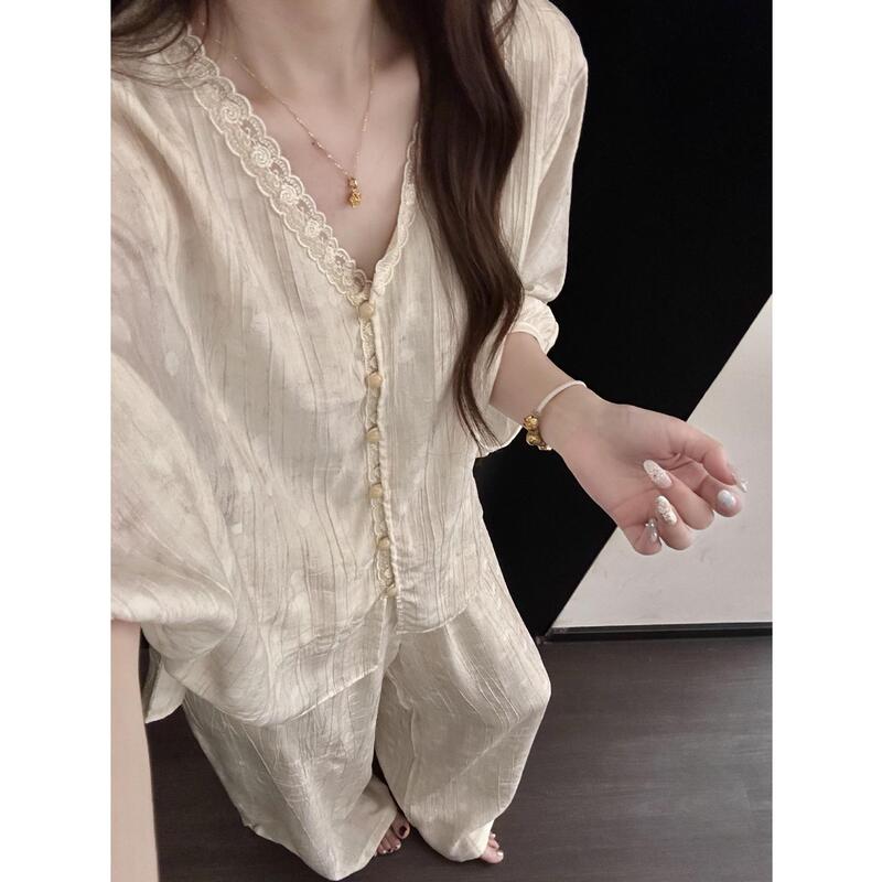 French-Style Lazy Luxury Cardigan Pajamas for Women, New Summer Cotton Long Pants Loungewear Set That Can Be Worn Outside