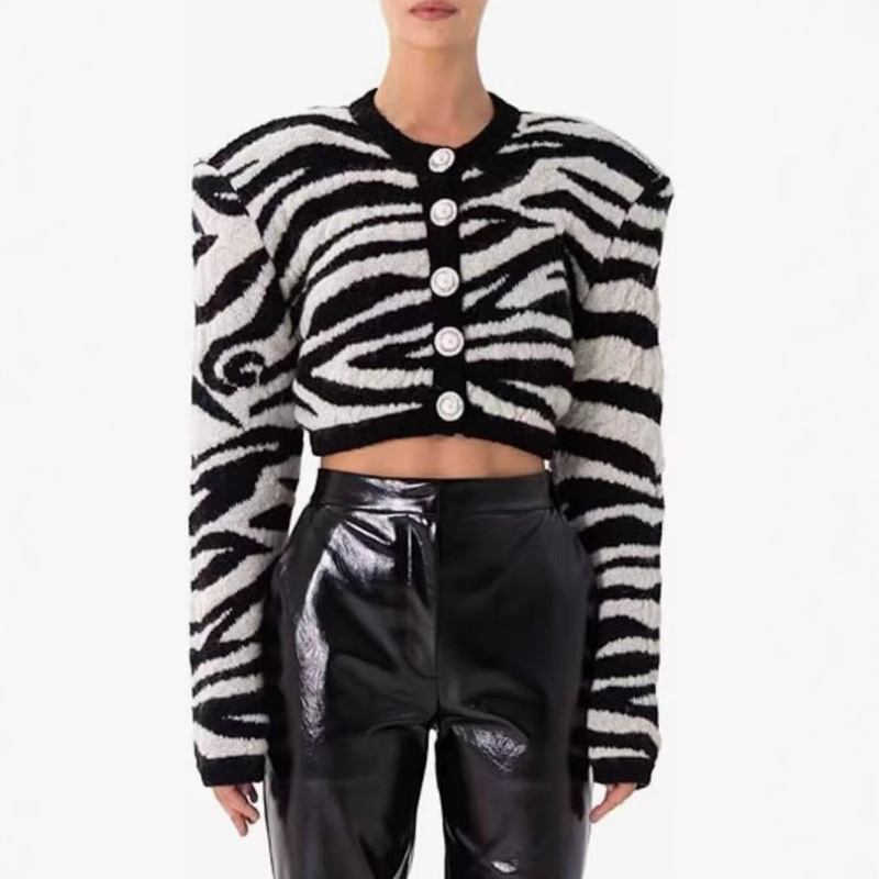 2025 European and American Spring and Autumn New Quality Knitted Cardigan Sweater Striped Black and White Contrast Color Wool Jacket Round Neck