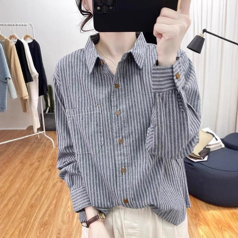 Big Sale Clearance~Cotton and Linen Stripesd Long-Sleeved Shirt for Women Spring Polo Collar Casual Shirt Loose Large Size Linen Top