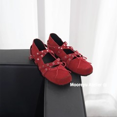 羊皮版~紅色蝴蝶結小單鞋女2025秋季真皮復古淺口鉚釘芭蕾平底鞋