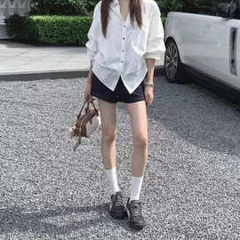 韩版时尚气质泡泡袖收腰白色翻领衬衫女夏季感上衣