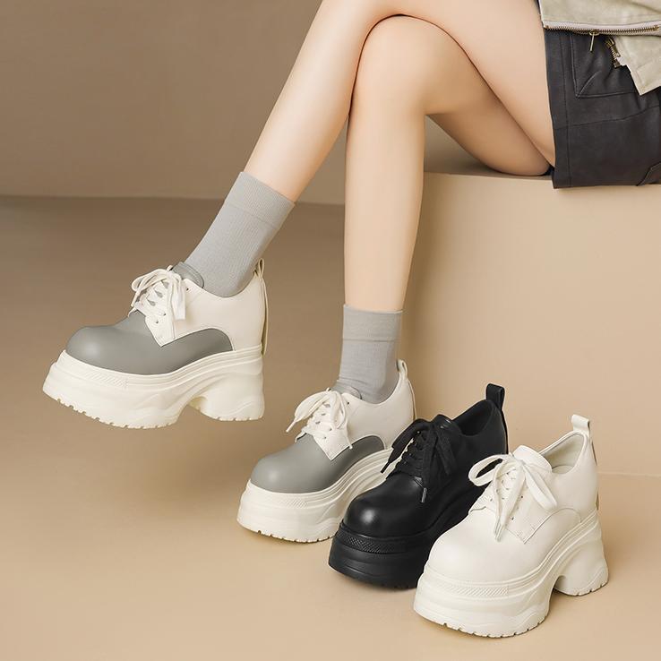Giày sneaker nữ chunky đế dày phối màu mùa thu 2025, da bò thật, tăng chiều cao 12cm, buộc dây — Màu đen, Màu xám trắng, Màu trắng