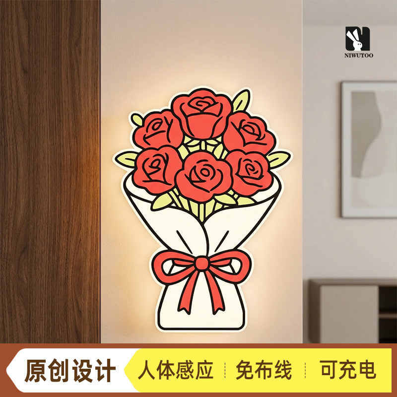 立体花束高颜值室内壁灯智能感应卧室走廊小夜灯可充电跨境批发