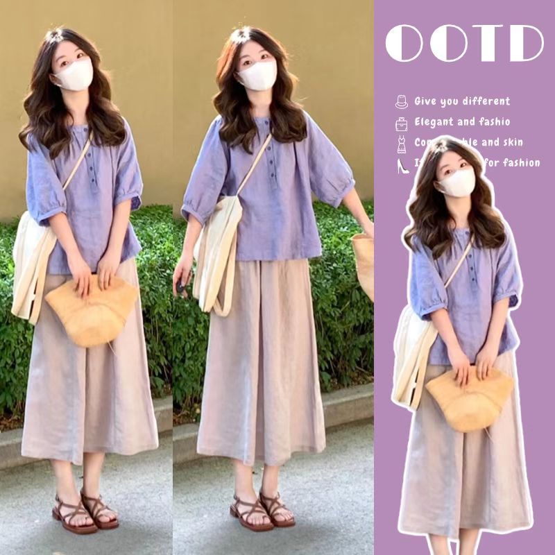 Maternity Suit, Summer Loose-Fitting, High-End, Mature and Fashionable Outfit, Cotton and Linen Top, Casual Two-Piece Set