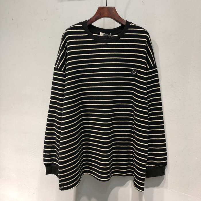 跨境240斤秋冬新款刺绣小笑脸横条纹长袖卫衣女装宽松中长款磨毛|undefined