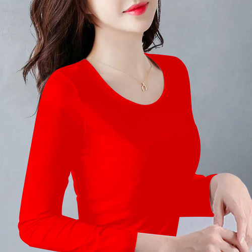 Solid-color autumn base shirt for women, long-sleeve T-shirt—spring/fall tight-fitting top with a crew neck, slim-fit design, and stretchy Korean-style inner layer.