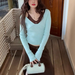 针织衫女秋季2025新款韩系气质薄荷色V领收腰修身短款长袖上衣T恤