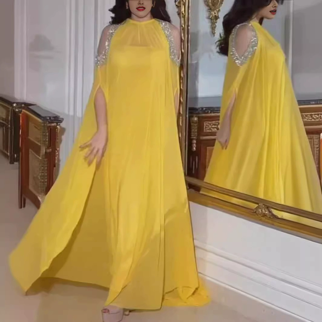 Весна и лето 2023 Новое Европейское и американское трансграничное Ближневосточное элегантное сексуальное шифоновое банкетное вечернее платье с накидкой и бисером, комплект из двух предметов