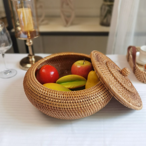 热销藤编收纳盒手工编织糖果带盖盒藤编点心水果收纳筐