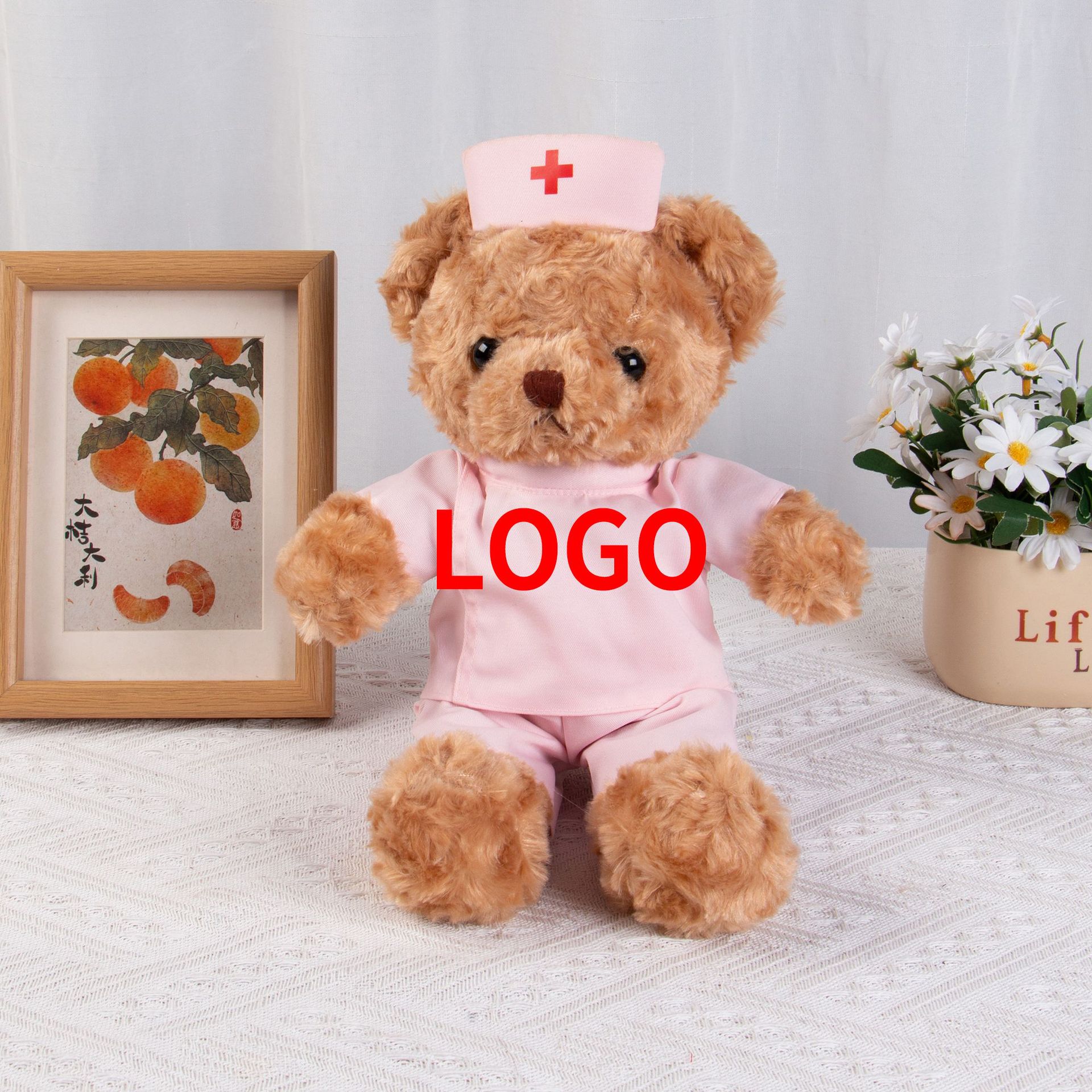 Graduado médico oso muñeca chaqueta blanca uniformes de enfermería muñeca oso regalos de actividad logotipo imprimible juguetes de peluche