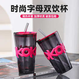 ins风玻璃吸管杯字母杯带盖女夏高级感水杯竹节杯家用奶茶杯印字