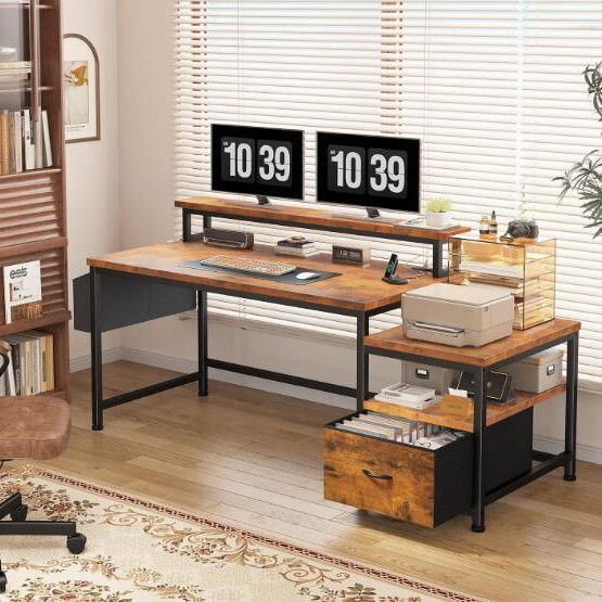 Cross-Border Computer Desk with Drawers and Power Outlets, Home Office Desk with Printer Stand, Work Desk