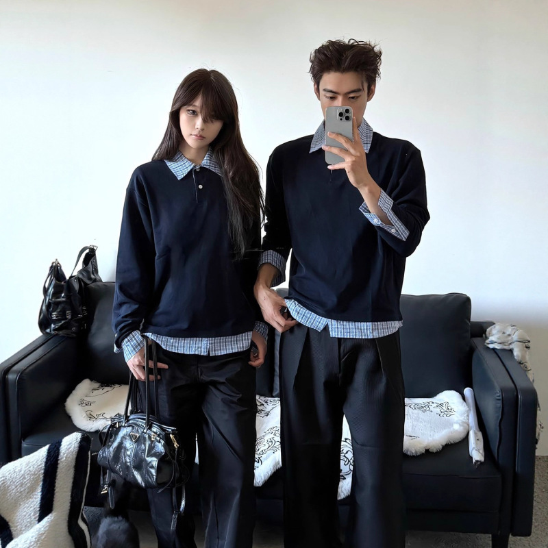 藏青色假两件POLO衫卫衣男女款秋季情侣装打底衫美式复古长袖T恤|undefined