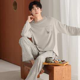 【L-4XL】春秋新款纯棉男士长袖长裤套头睡衣印花休闲男家居服