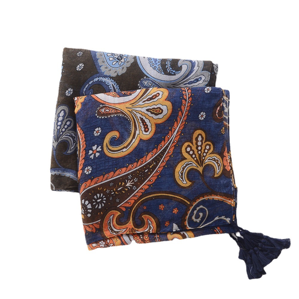 2022 nuevo estilo étnico anacardo impreso algodón y lino sentir bufanda borla bufanda playa protector solar chal bufanda