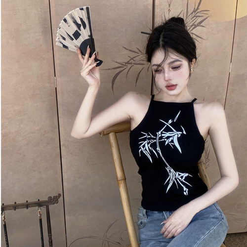 Retro print short suspender vest women's summer new tight-fitting and slimming inside with black hot girl outer top