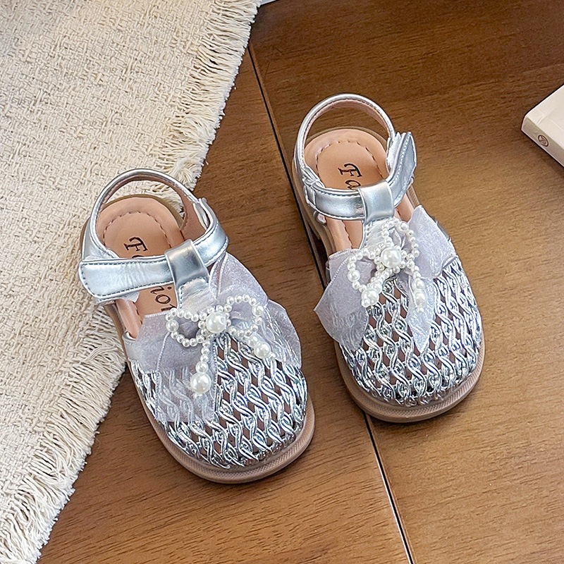 Mother & Kids Girls Lace Bow Knot Woven Hollow Out Sandals Summer Pearl Princess Beach Shoes Stylish Clogs For Formal & Casual For Women_voghion.com