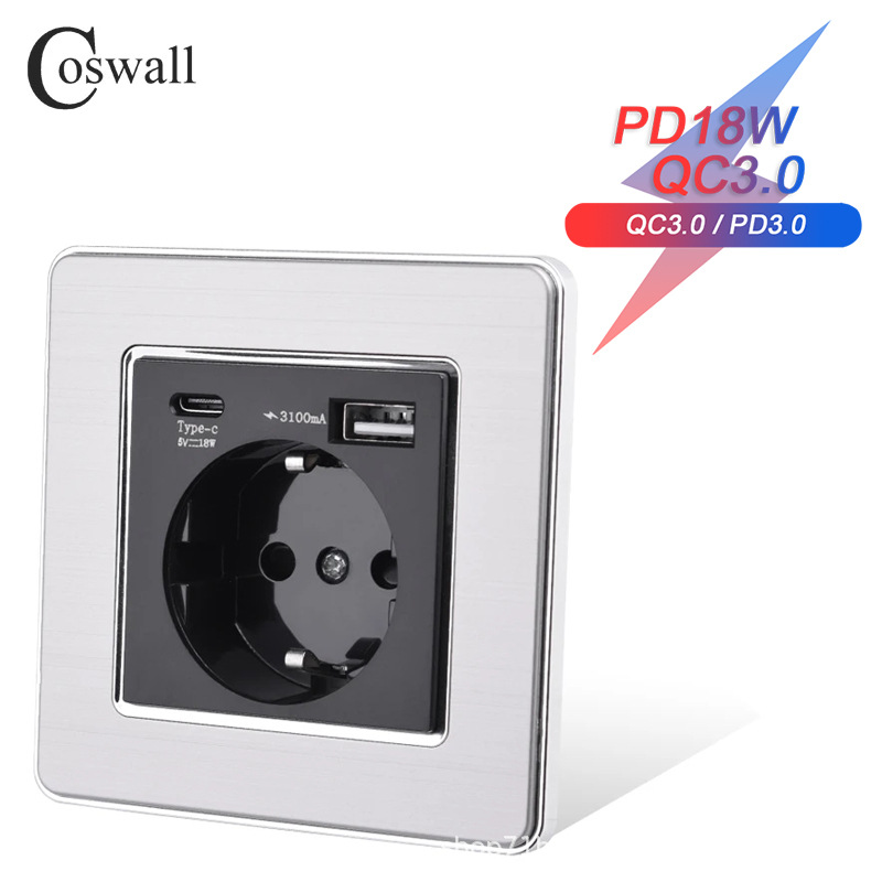 不锈钢欧盟/德式/法式 墙壁电源插座  USB&typec充电端口 3A 快充