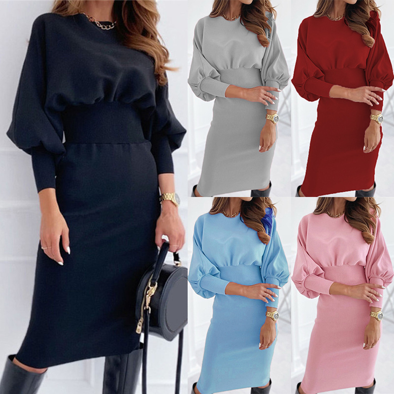 European and American Autumn LAZADA Dress Casual Solid Color Round Neck Waist Hip Dress European and American Autumn LAZADA Dress Casual Solid Color Round Neck Waist Hip Dress