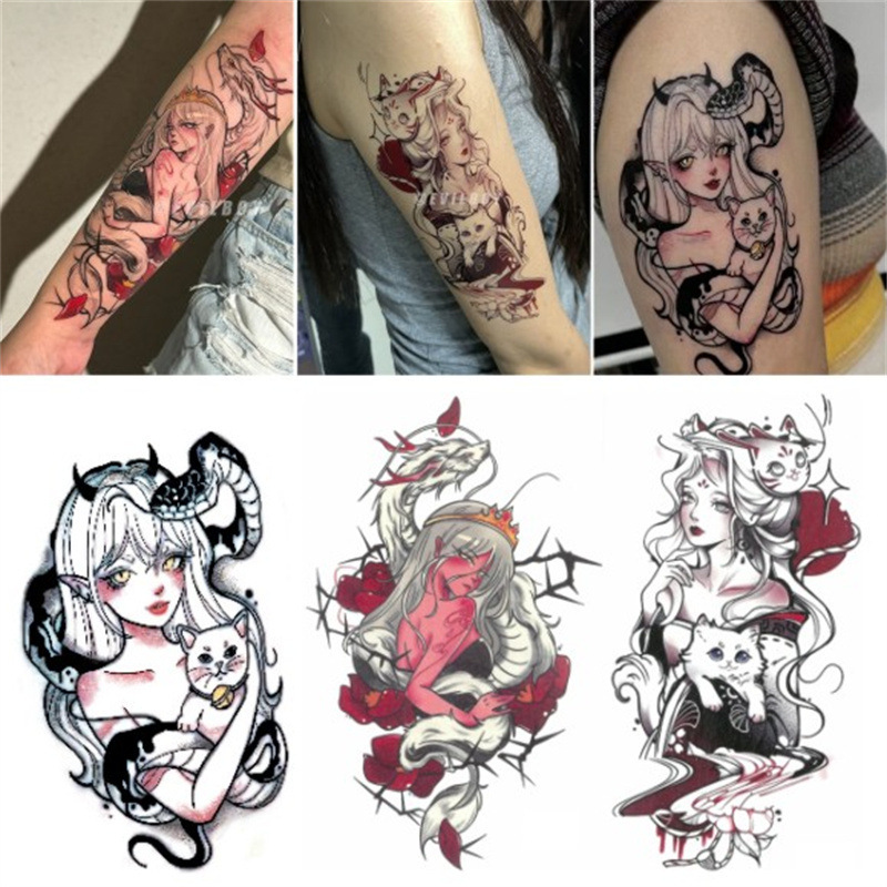 Diablo Medusa Geisha Tattoo Sticker Waterproof Lasting Arm Herbal Juice Diablo Realistic Flower Arm Cool Trendy for Men and Women