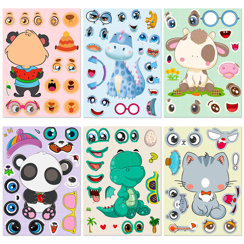 Cross-border 6 sheets/pack small animal puzzle stickers for children's early education, face-changing stickers, baby intelligence DIY early education puzzle stickers