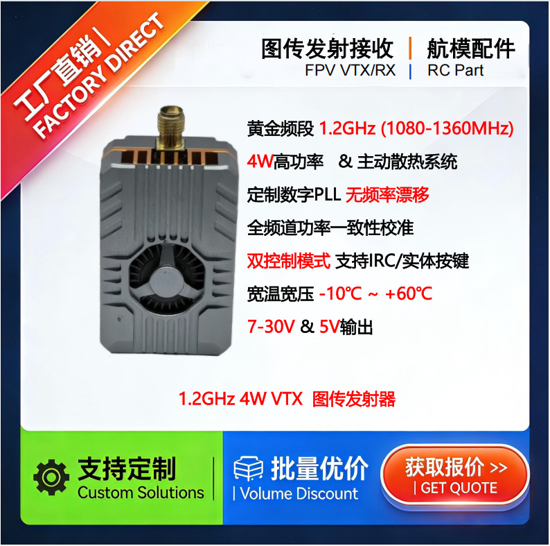 1.2G 4W VTX图传发射器 铝合金风扇散热 远距离传输 支持IRC