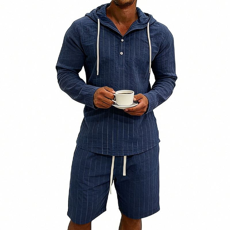 Men's Linen Long Sleeve Hooded Henley Shirt With Shorts Set, Jacquard Vertical Stripe Pattern, Relaxed Fit For Summer Commute And Casual Wear_viptrois.com