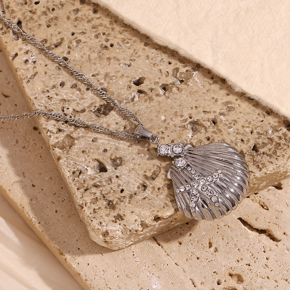 Steel Color Scallop Stainless Steel Pendant Necklace