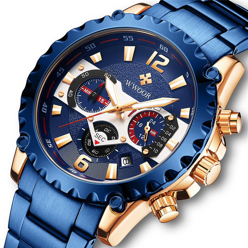 WWOOR hold Love 8880 reloj de cuarzo de correa de acero inoxidable para hombre reloj de pulsera de código de sincronización de calendario multifunción de seis pines