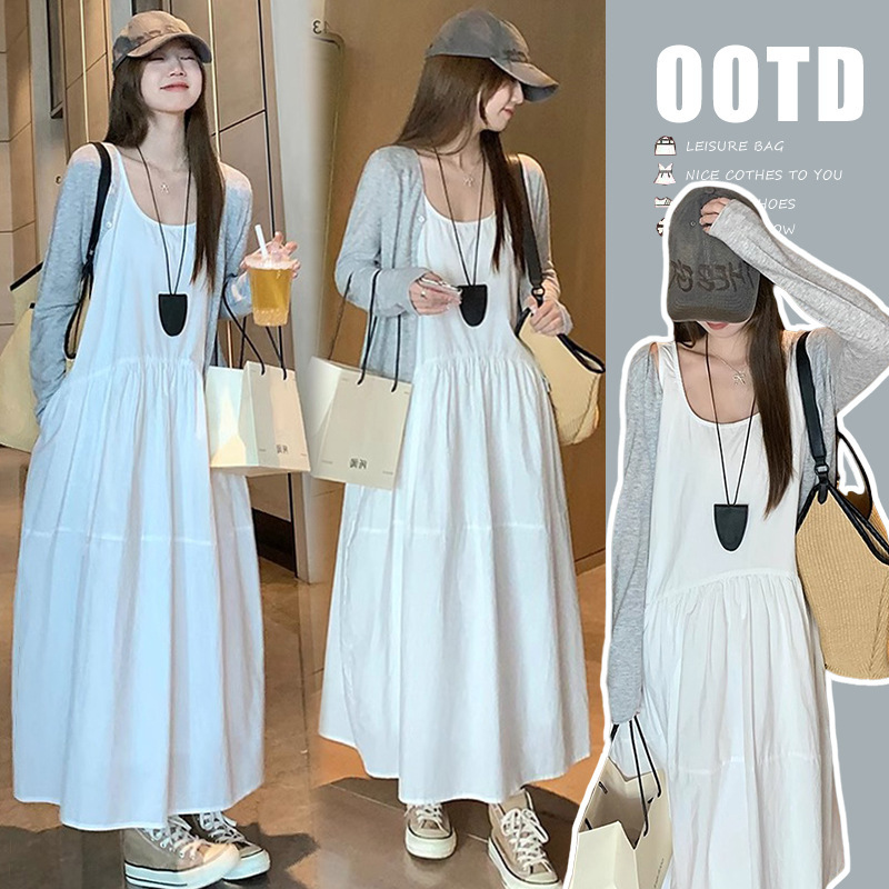 Maternity Dress Autumn New Relaxed White Vest dress suit Loose Casual A- line Long Dress Set