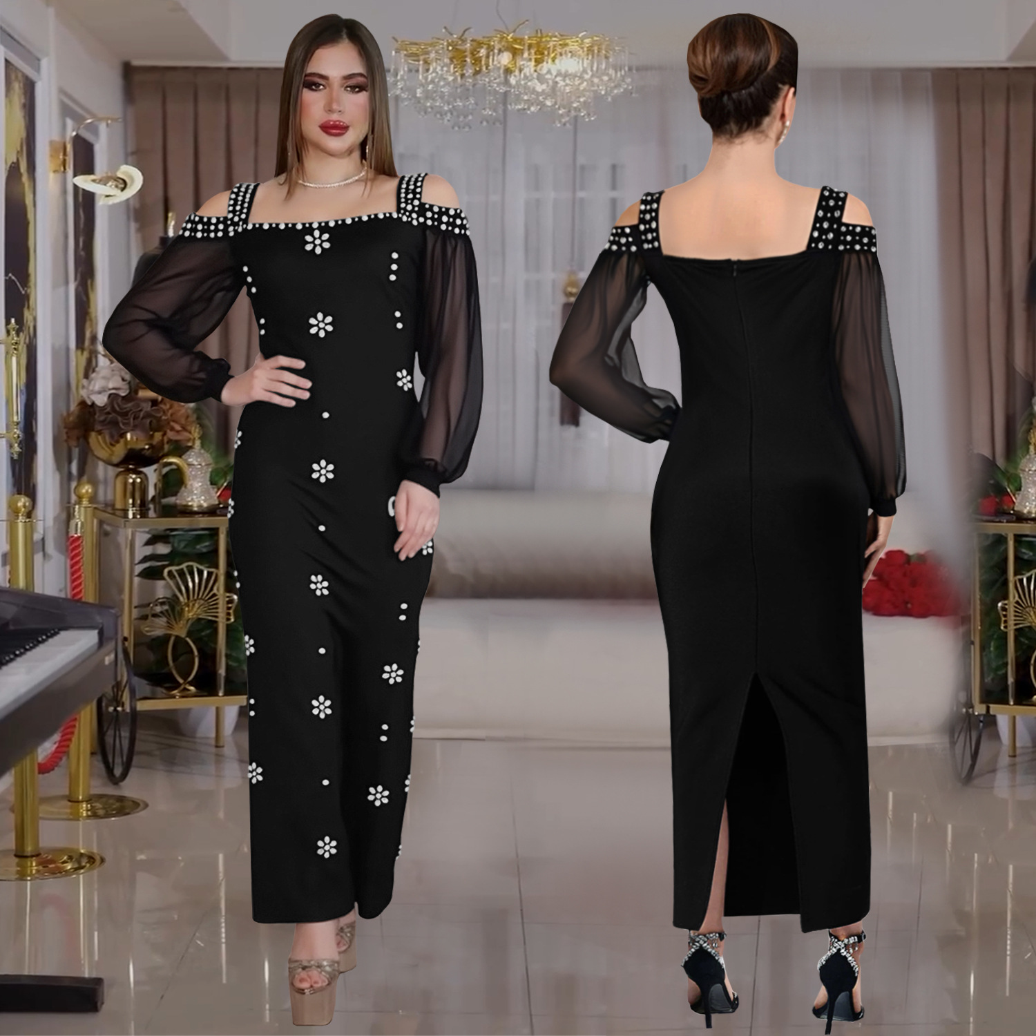 C7415 Cross-border AliExpress Amazon Ropa de mujer de moda europea y americana Elegante vestido delgado de malla de cuello cuadrado de diamantes calientes