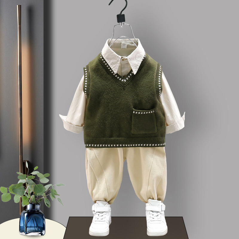 4283 traje de ropa de otoño para niños 2023 nuevo estilo occidental Bebé Suéter para niños chaleco camisa conjunto de tres piezas bebé primavera y otoño