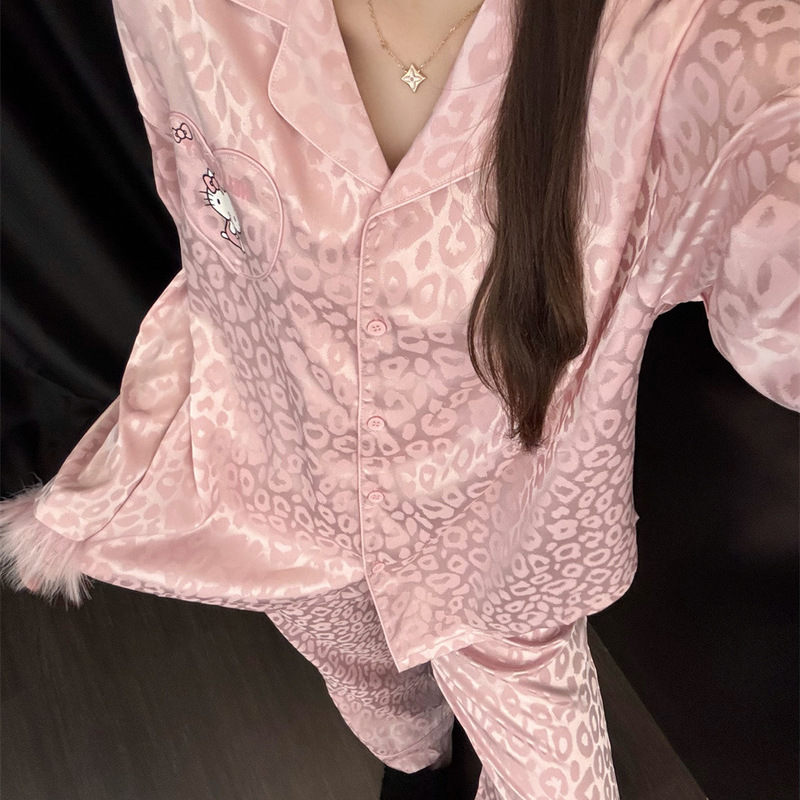 纯欲甜美卡通Kitty豹纹提花睡衣女秋季新款可爱粉宽松家居服套装|undefined