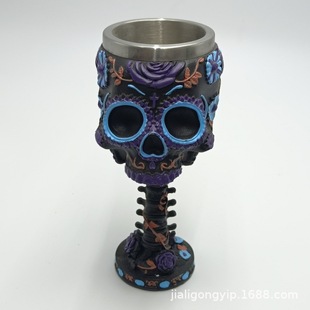 Cross Border Death Halloween Resin Skull Stainless Steel Cup TV Cabinet Living Room Bedroom Goblet Red Wine Glass