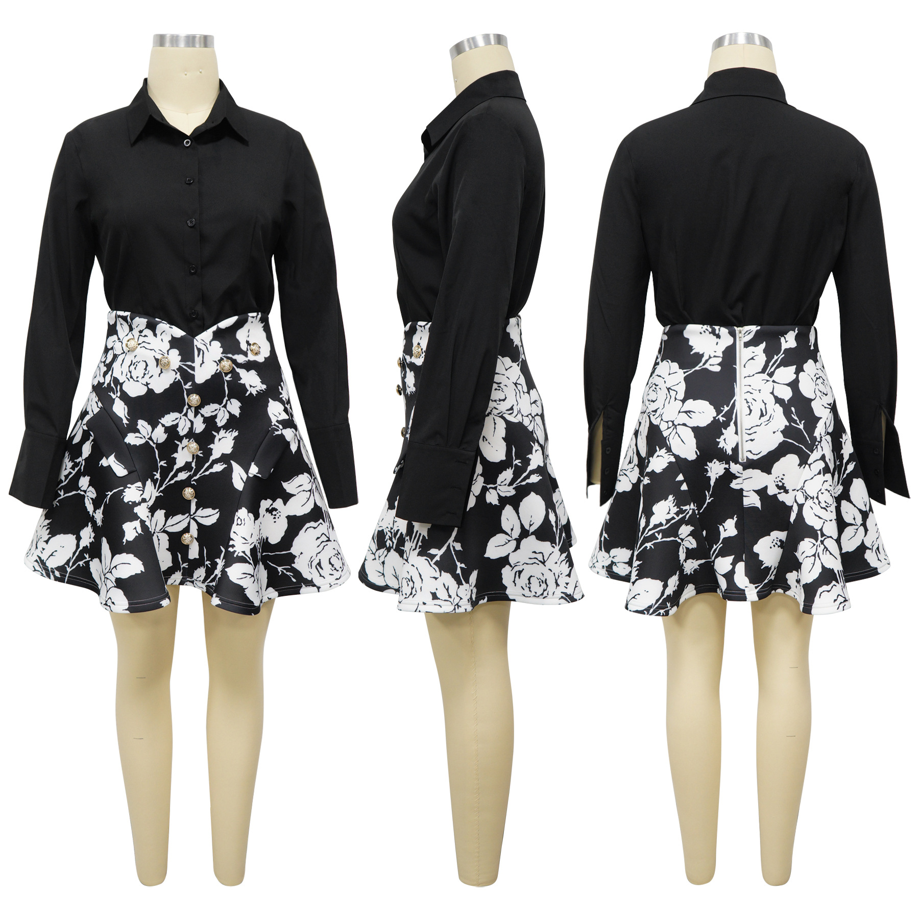 Women's Fashion Long Sleeved Collared Printed Skirt Set Waist Cinching Short_ecoleips.com