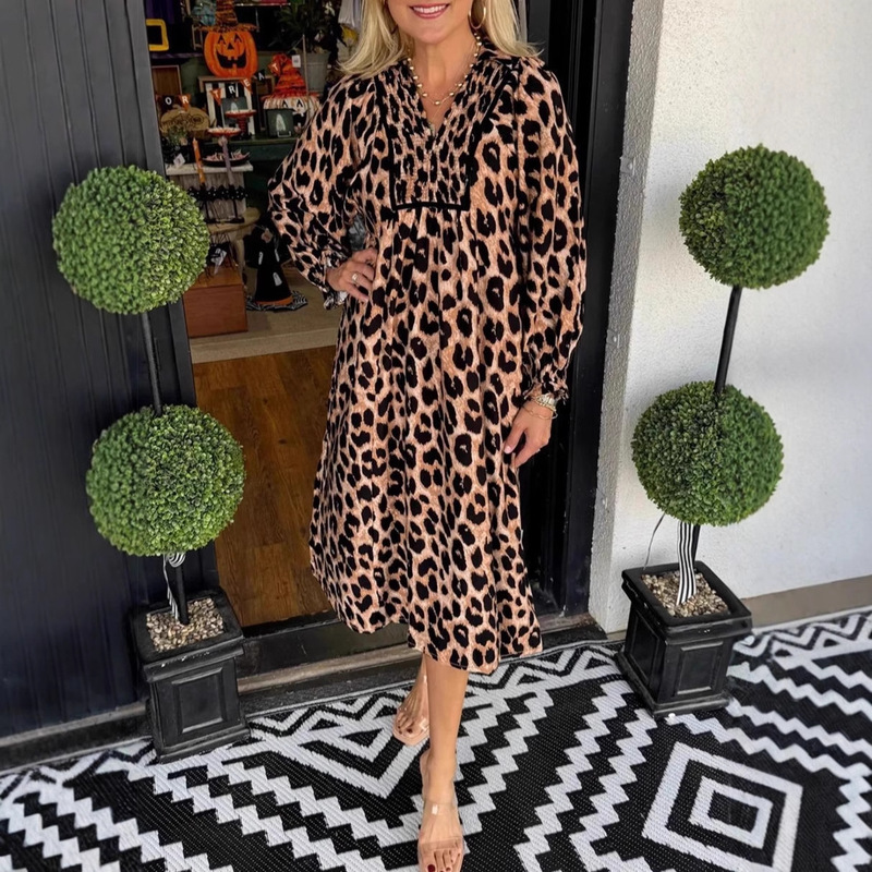 2025 New Cross-Border European and American Style Foreign Trade Fashion Women's Long-Sleeved Personalized Trendy Leopard Print Loose Dress
