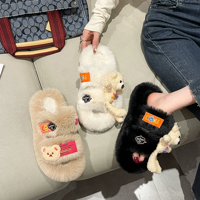 Корейские модные плюшевые тапочки для женщин, подходящие для ношения на улице осенью и зимой, новые универсальные милые тапочки с толстой подошвой в виде медведя.