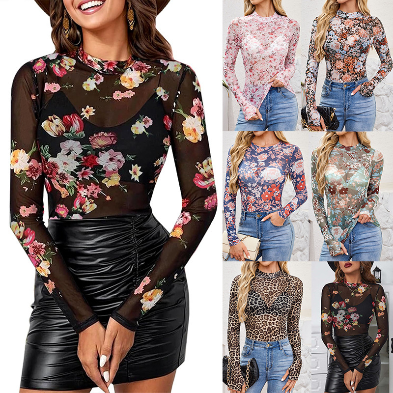 Cross-border European and American Amazon TK2025 Explosions Turtleneck Long Sleeve Lace Flower Mesh Base Shirt T-shirt for Women